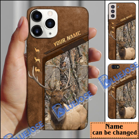 BlueJose Elk Hunting Premium Brown Pattern Personalized Name Phone Case (4 colors)