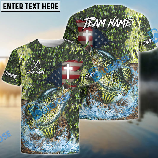 Bluejose Crappie Fishing American Flag Camo Cross Skin Custom Name & Team Name 3D Shirts
