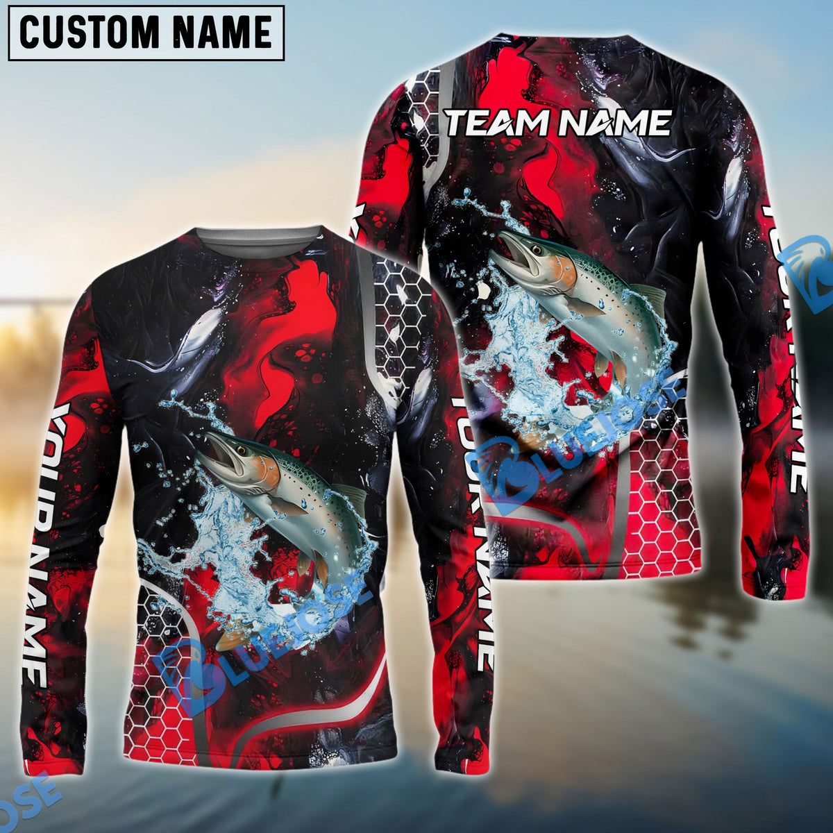 Bluejose Salmon Fishing Red Thunder Custom Name &amp; Team Name 3D Shirts