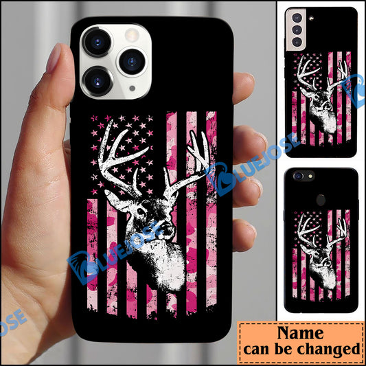 BlueJose Whitetail Buck Womens Deer Hunting Pink Camo American Flag Personalized Name Phone Case