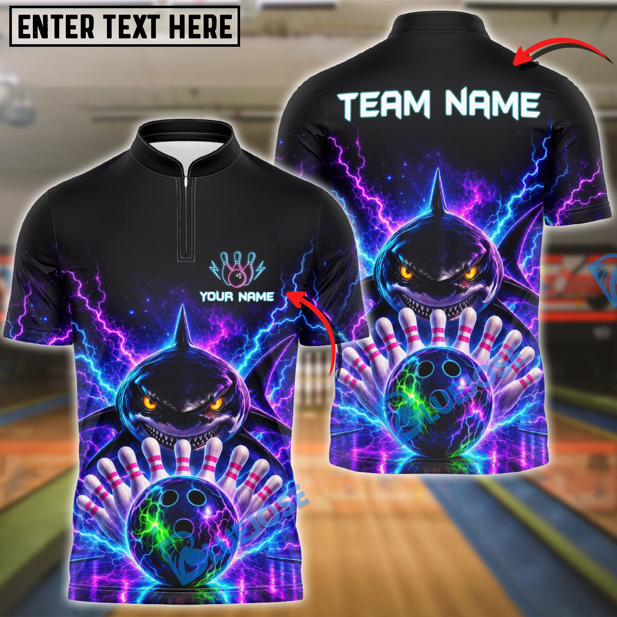 BlueJose Bowling And Pins Electric Shark Strike Lightning Energy Design Customized Name, Team Name 3D Shirt (4 Colors)