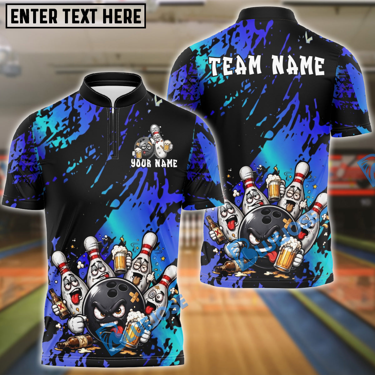 BlueJose Bowling And Pins Angry Ball Beer Party Customized Name, Team Name 3D Shirt (4 Colors)