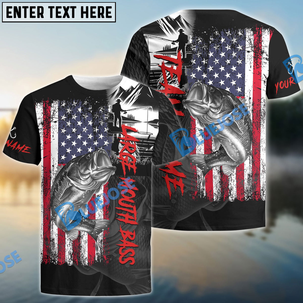Bluejose Large Mouth Bass Fishing  Black US Flag Sport Custom Name & Team Name 3D Shirts