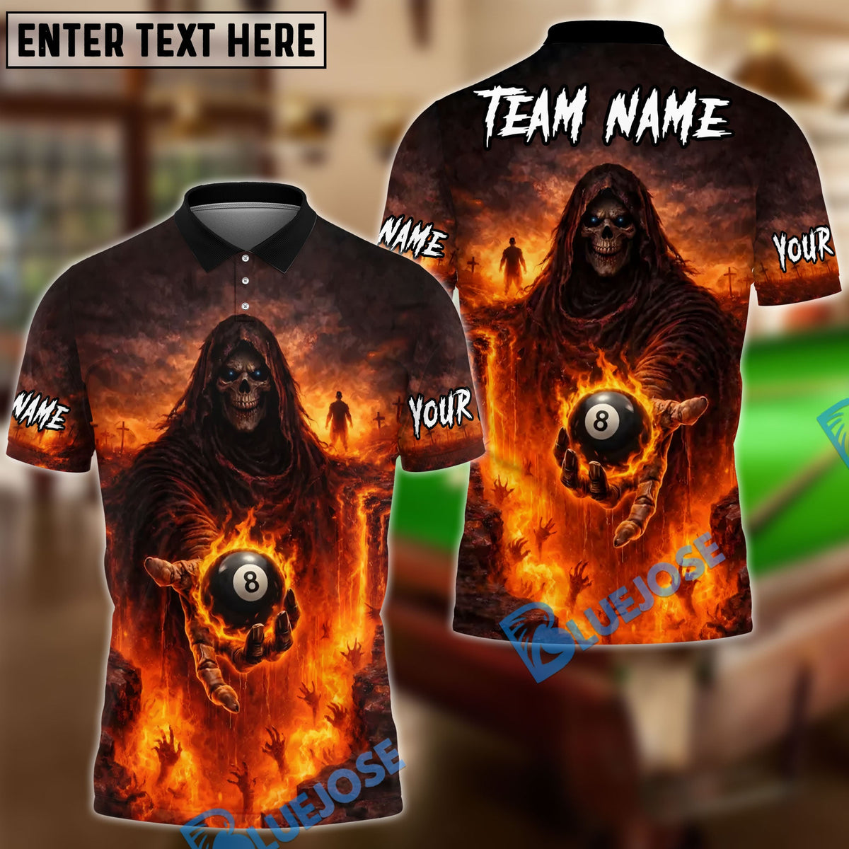 BlueJose Billiards 8 Ball Grim Reaper Hellfire Personalized Name Shirt (4 Colors)