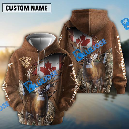 BlueJose Deer Hunting Canadian Flag Wild Personalized Name, Team Name 3D Hoodie