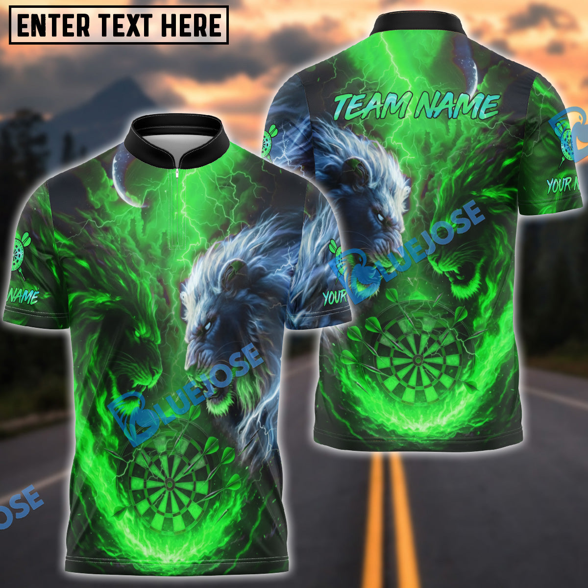 BlueJose Darts Lion Fire vs Ice Design Personalized Name, Team Name Unisex Shirt (4 Colors)