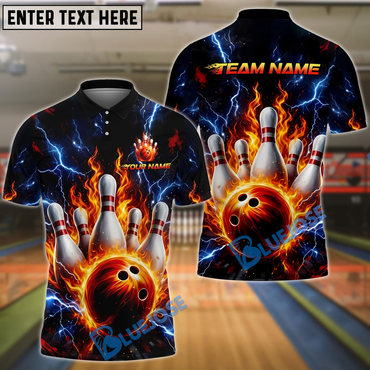BlueJose Bowling &amp; Pins Thunder Flaming Bowl Customized Name, Team Name 3D Shirt (4 Colors)