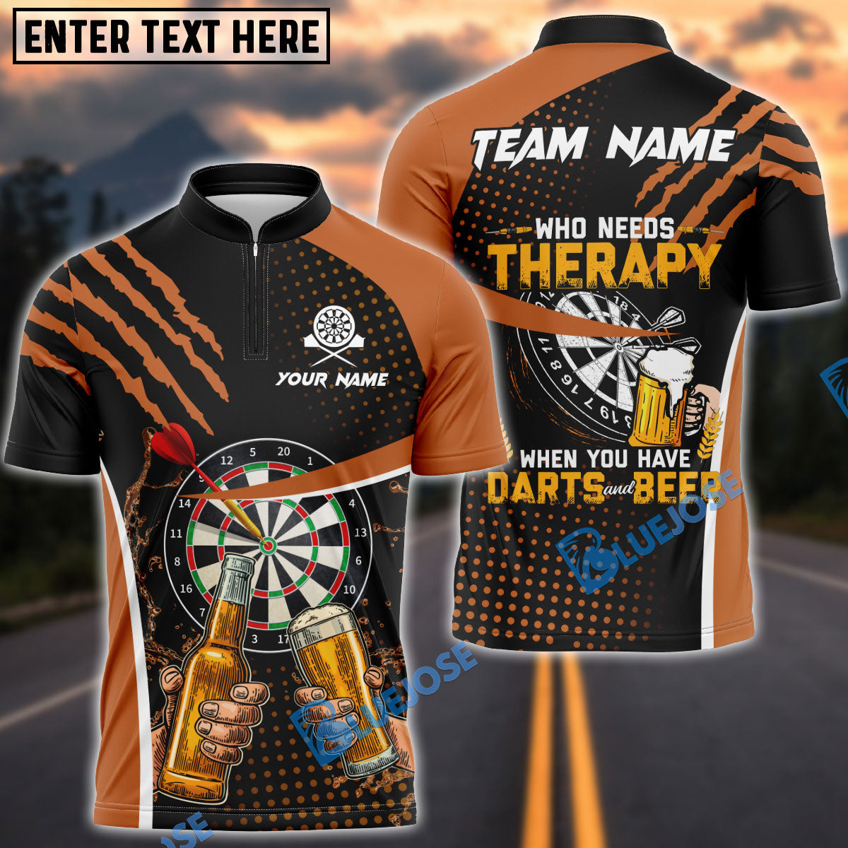 BlueJose Darts And Beer Therapy Personalized Name, Team Name Shirt (4 Colors)