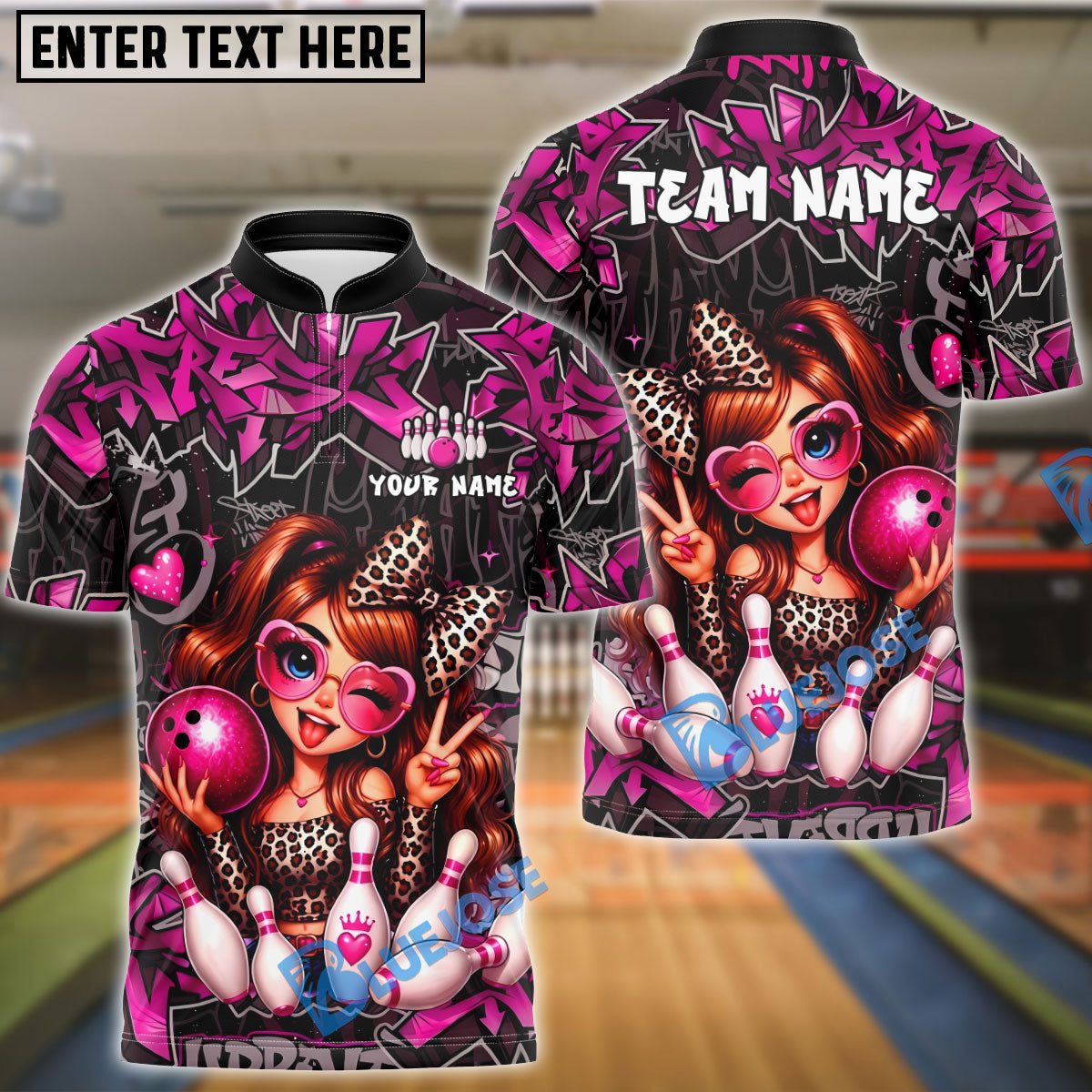 BlueJose Bowling And Pins Cute Leopard Girl Strike Graffiti Style Customized Name, Team Name 3D Shirt (6 Colors)