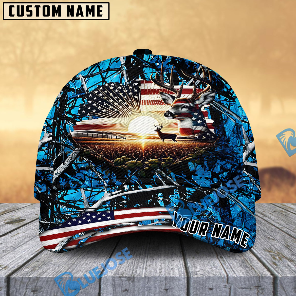 BlueJose Deer Hunting USA Flag Sunset Multicolor Personalized Cap