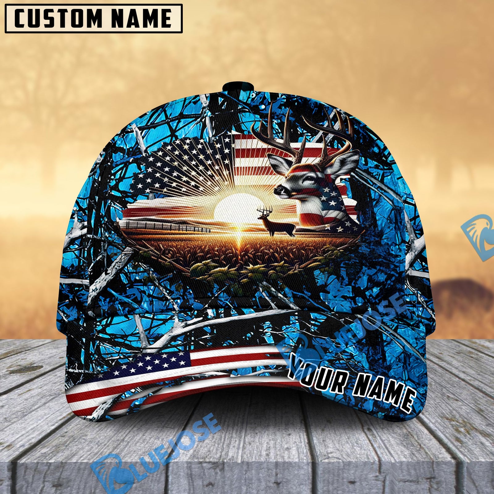BlueJose Deer Hunting USA Flag Sunset Multicolor Personalized Cap