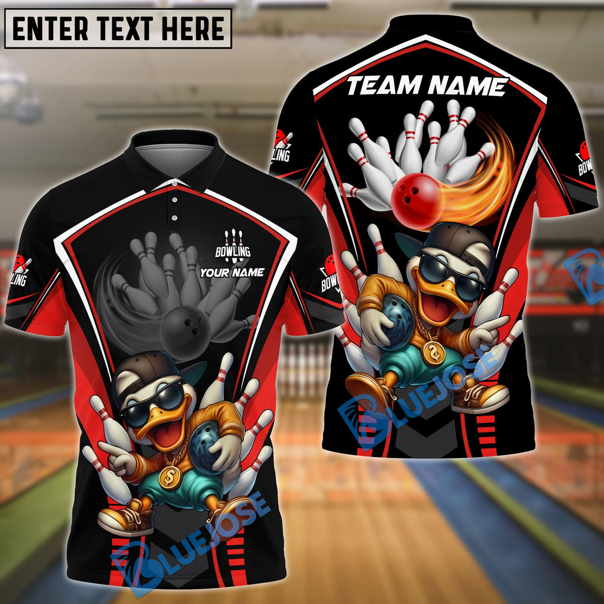 BlueJose Bowling &amp; Pins Hip Hop Duck Strike Customized Name, Team Name 3D Shirt (4 Colors)