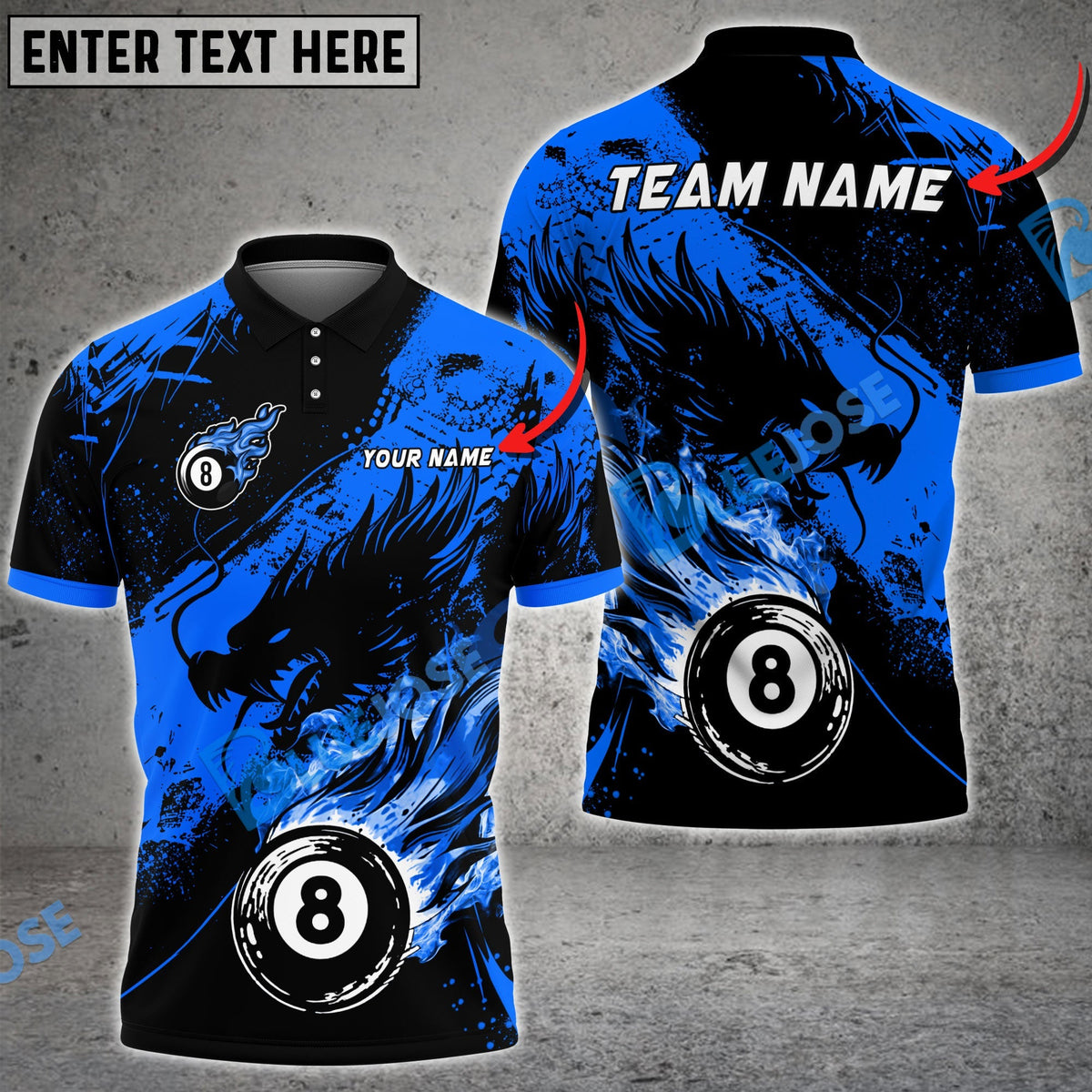BlueJose Billiards Ball 8 Ink Fire Dragon Personalized Name Shirt (6 Colors)