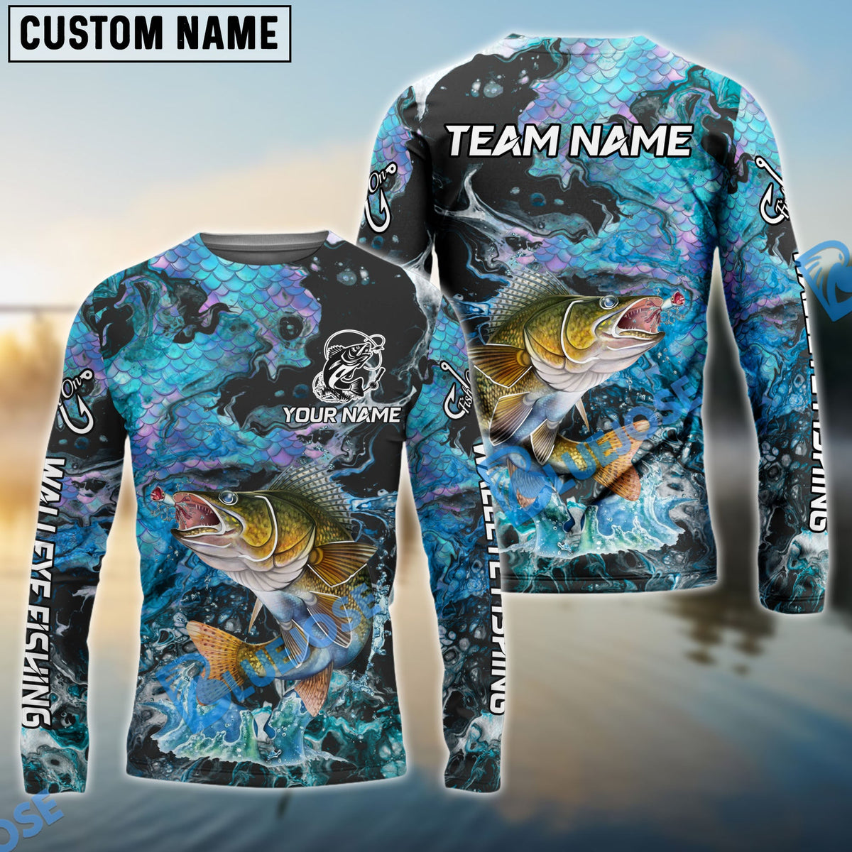 Bluejose Walleye Fishing Blue Fishing Skin Pattern Name &amp; Team Name 3D Shirts