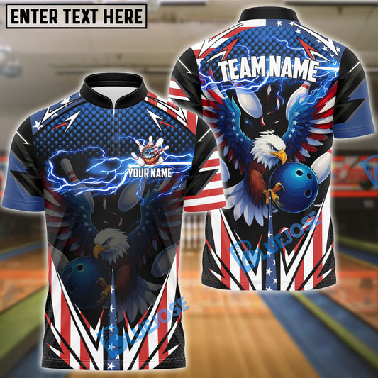 BlueJose Bowling And Pins American Bald Eagle Lightning USA Flag Style Personalized Shirt