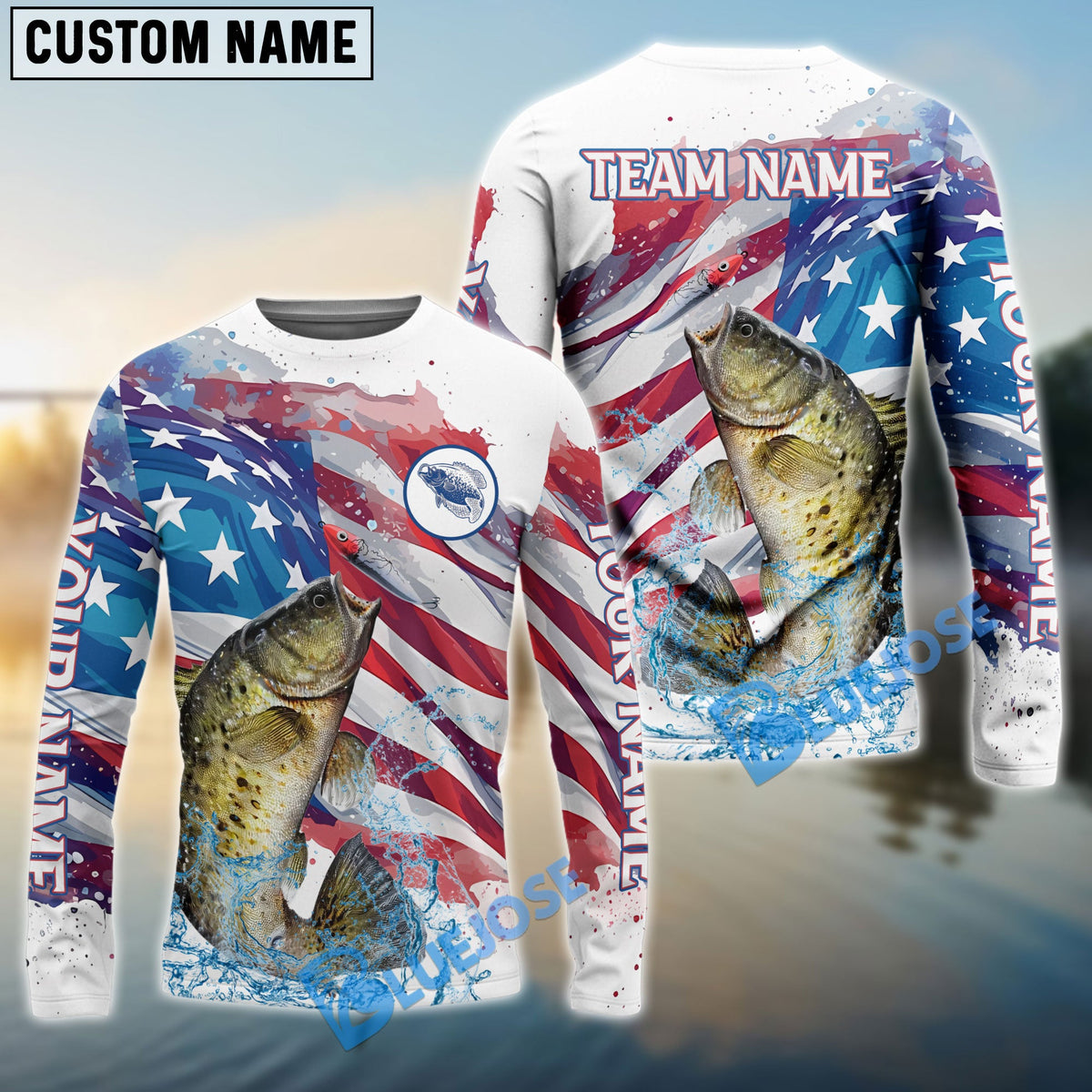 Bluejose Crappie Fishing Watercolor USA Flag Custom Name &amp; Team Name Shirts