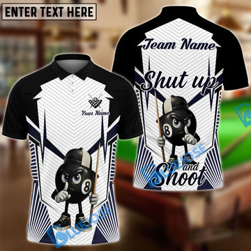 BlueJose Billiards 8-Ball Pool Shut Up and Shoot White Pattern Personalized Name, Team Name Unisex Shirt (4 Colors)