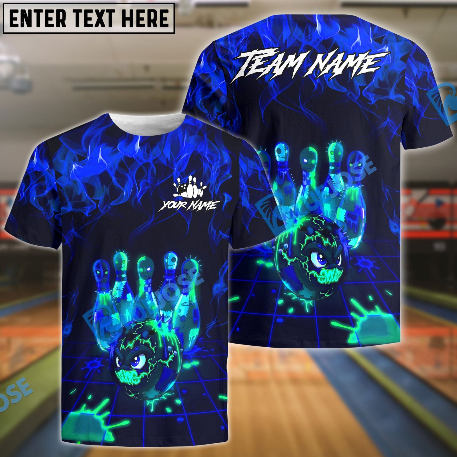 BlueJose Bowling & Pins Neon Cyber Electric Art Customized Name, Team Name 3D Shirt (4 Colors)