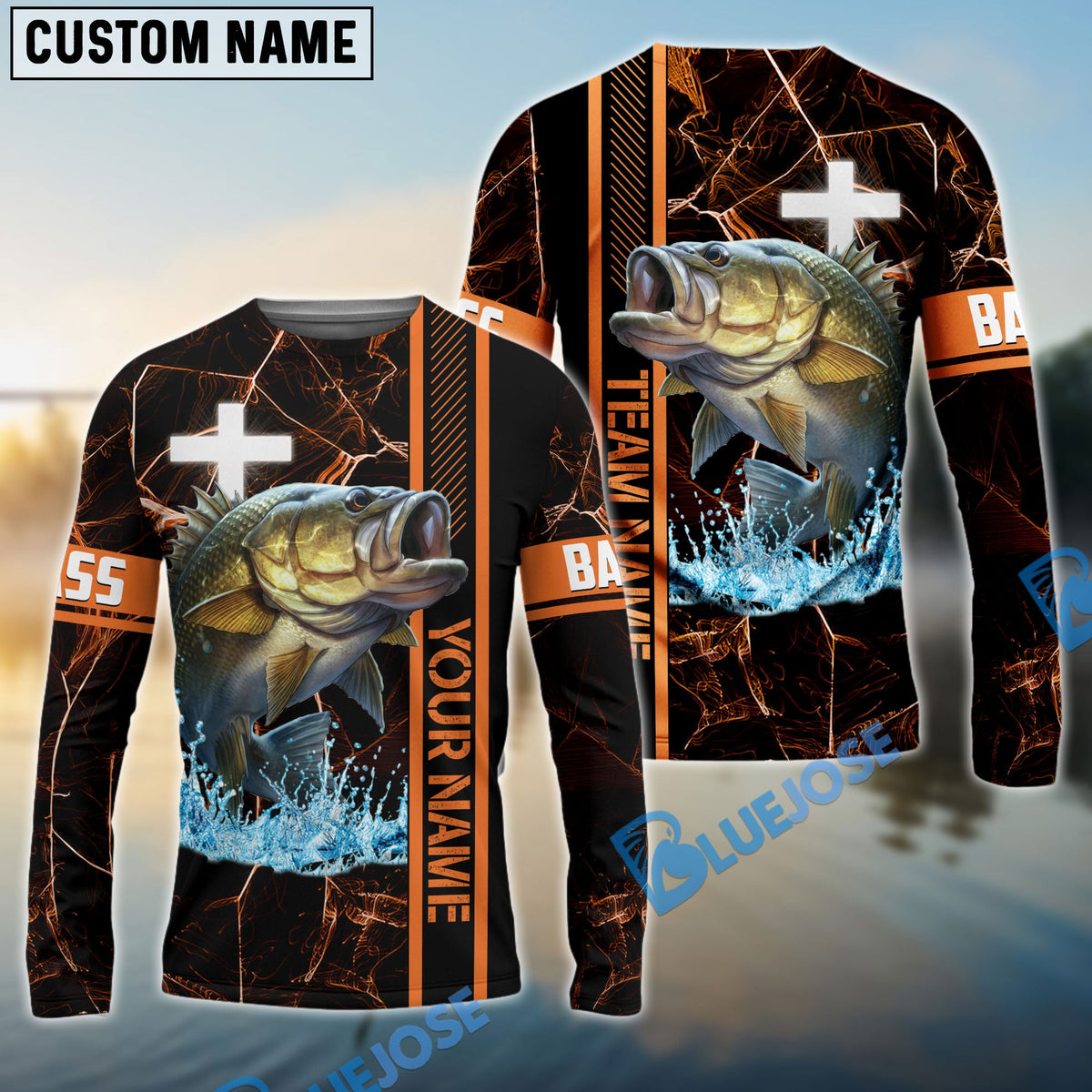 Bluejose Bass Fishing Orange Cross Pattern Custom Name &amp; Team Name 3D Shirts