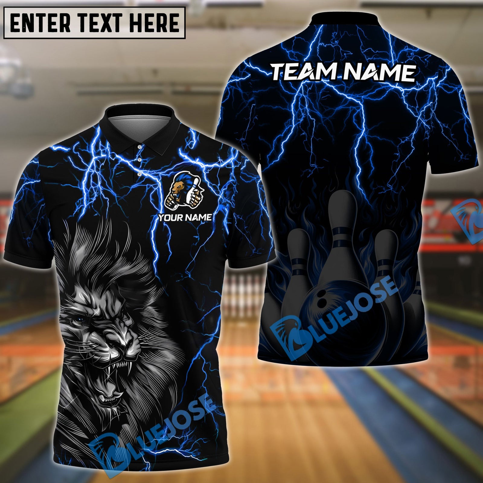 BlueJose Bowling And Pins Lion Thunder Lightning Customized Name, Team Name 3D Shirt (4 Colors)