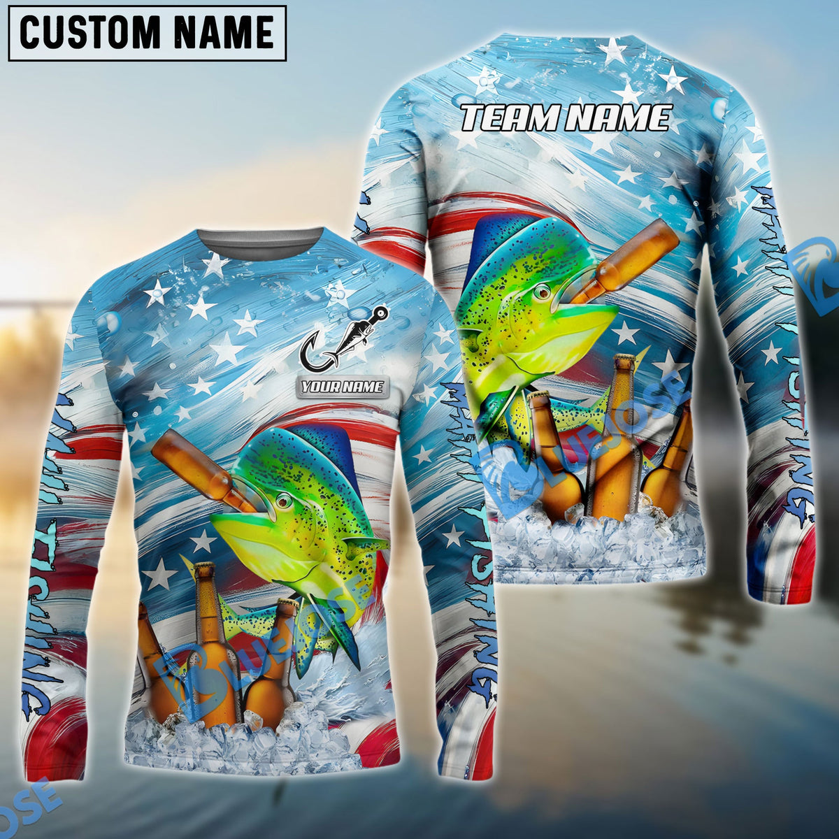 Bluejose Mahi-Mahi Fishing Beer &amp; Usa Flag Graphic Custom Name &amp; Team Name 3D Shirts