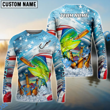 Bluejose Mahi-Mahi Fishing Beer & Usa Flag Graphic Custom Name & Team Name 3D Shirts