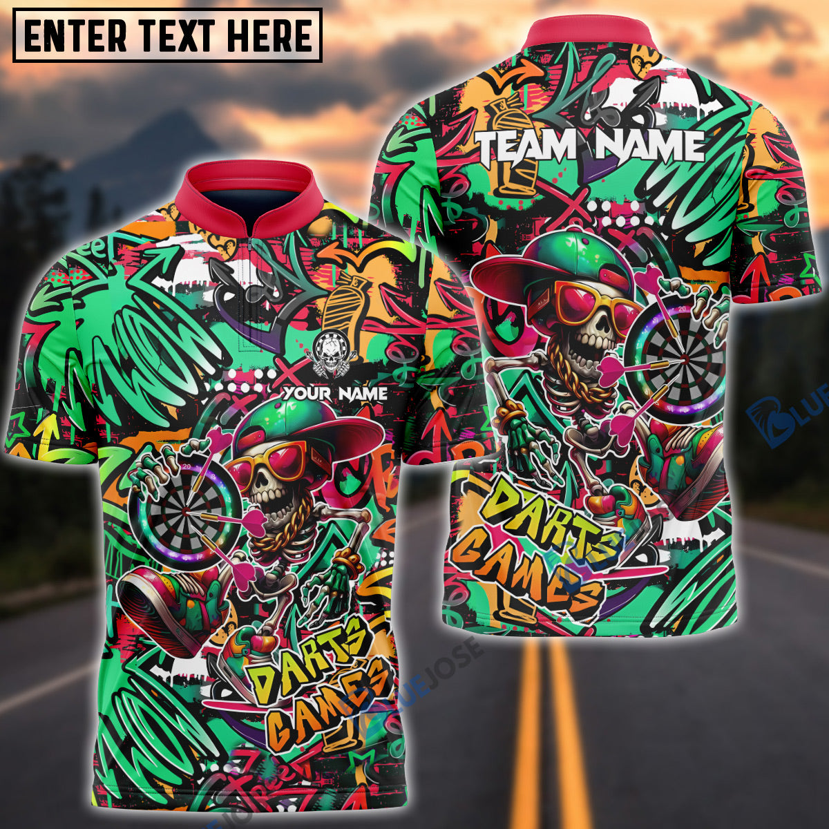 BlueJose Darts Funny Skull Colorful Graffiti Personalized Name, Team Name Shirt (4 Colors)