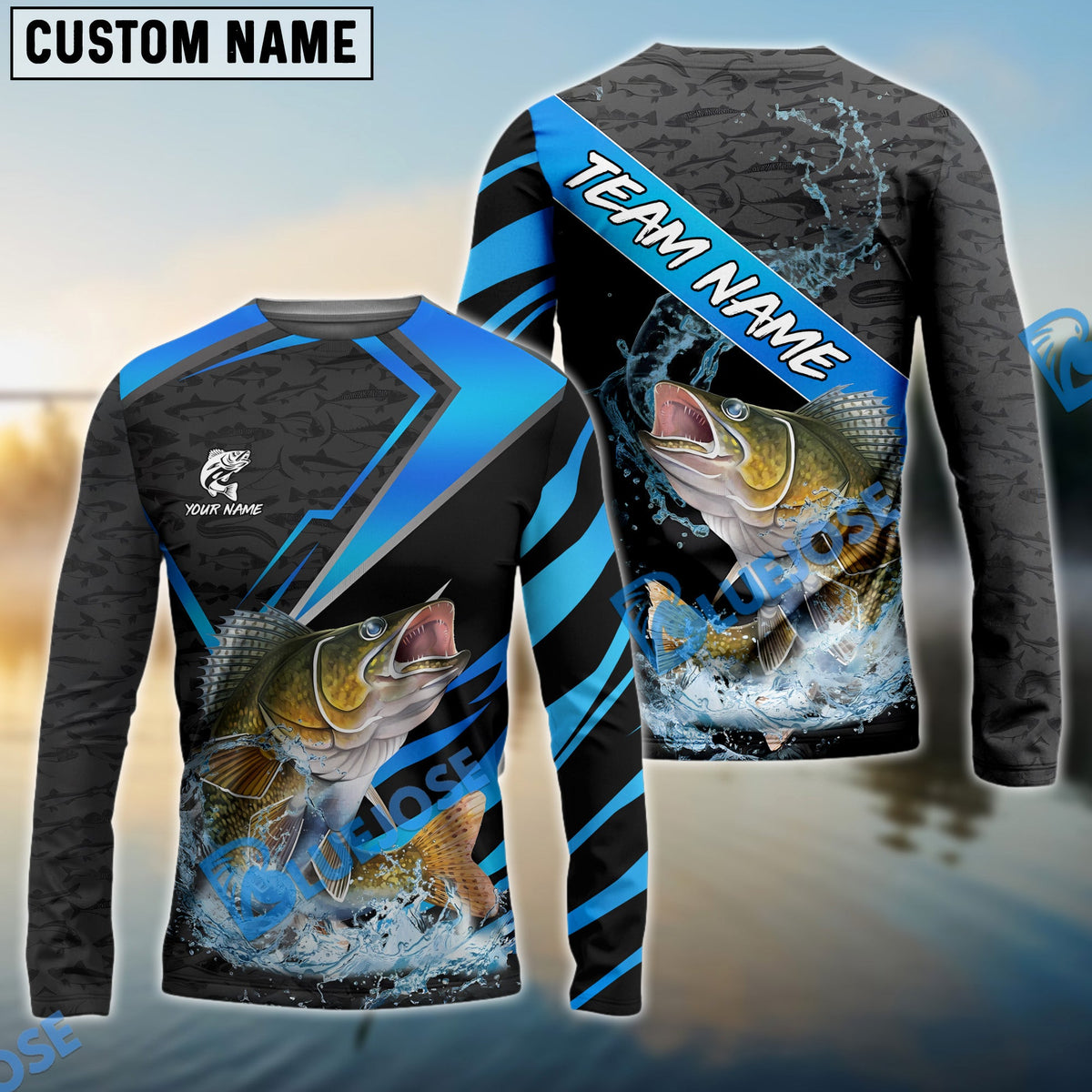 Bluejose Walleye Fishing Premium Fish Pattern Name &amp; Team Name 3D Shirts