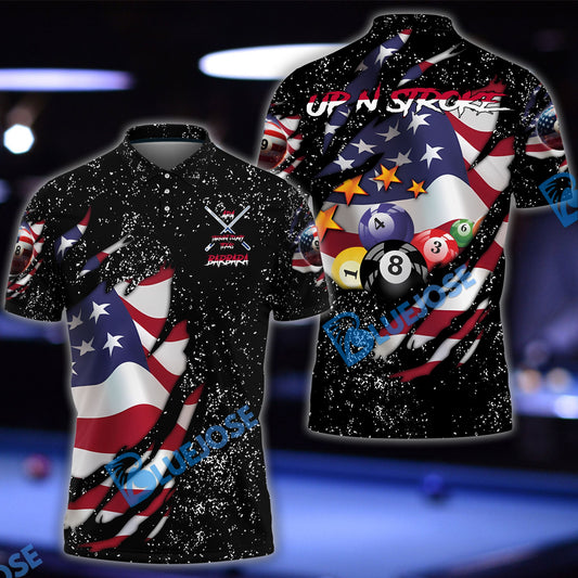 BlueJose Billiards Patriotic Up N Stroke Team Personalized Name 3D Shirt