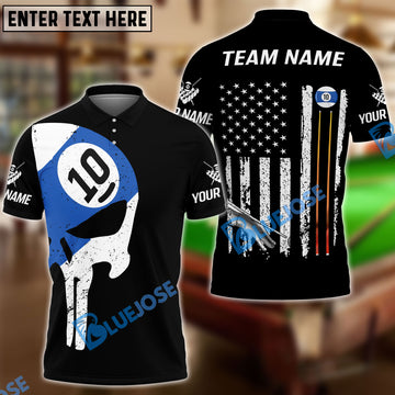 BlueJose Billiards Ball 10 Skull American Flag Customized Name, Team Name 3D Shirt