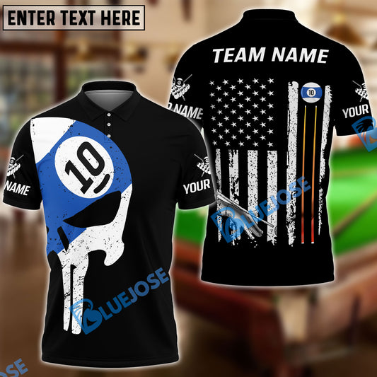 BlueJose Billiards Ball 10 Skull American Flag Customized Name, Team Name 3D Shirt