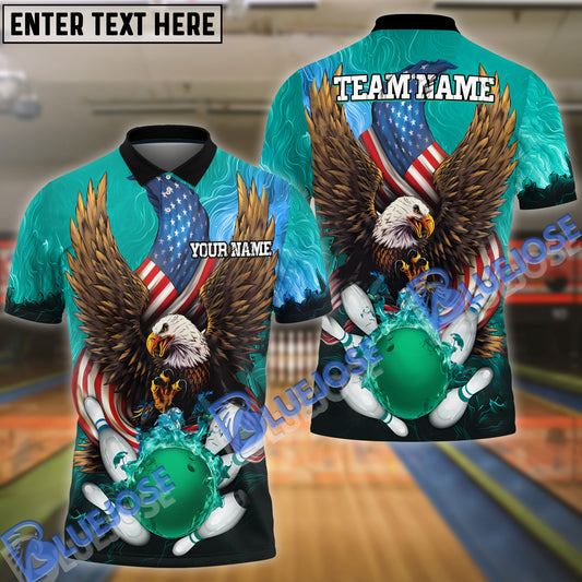 BlueJose Bowling And Pins USA Eagle Flag Multicolor Customized Name 3D Shirt (4 Colors)