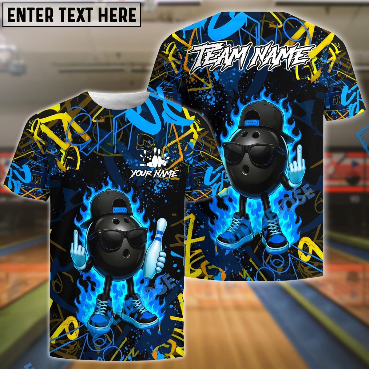 BlueJose Bowling And Pins Graffiti Cool Ball Fire Customized Name, Team Name 3D Shirt (4 Colors)