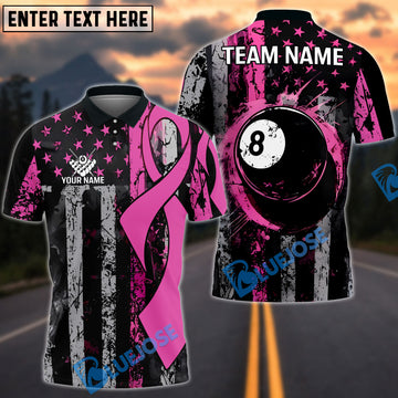 BlueJose Billiards Pink Ribbon with 8-Ball and Flag Breast Cancer Awareness Customized Name, Team Name 3D Shirt
