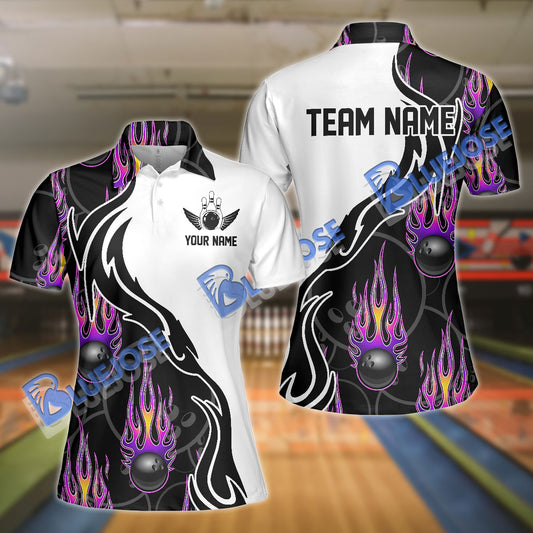 BlueJoses Purple Flame Bowling Ball Pattern Premium Customized Name 3D Shirt For Women