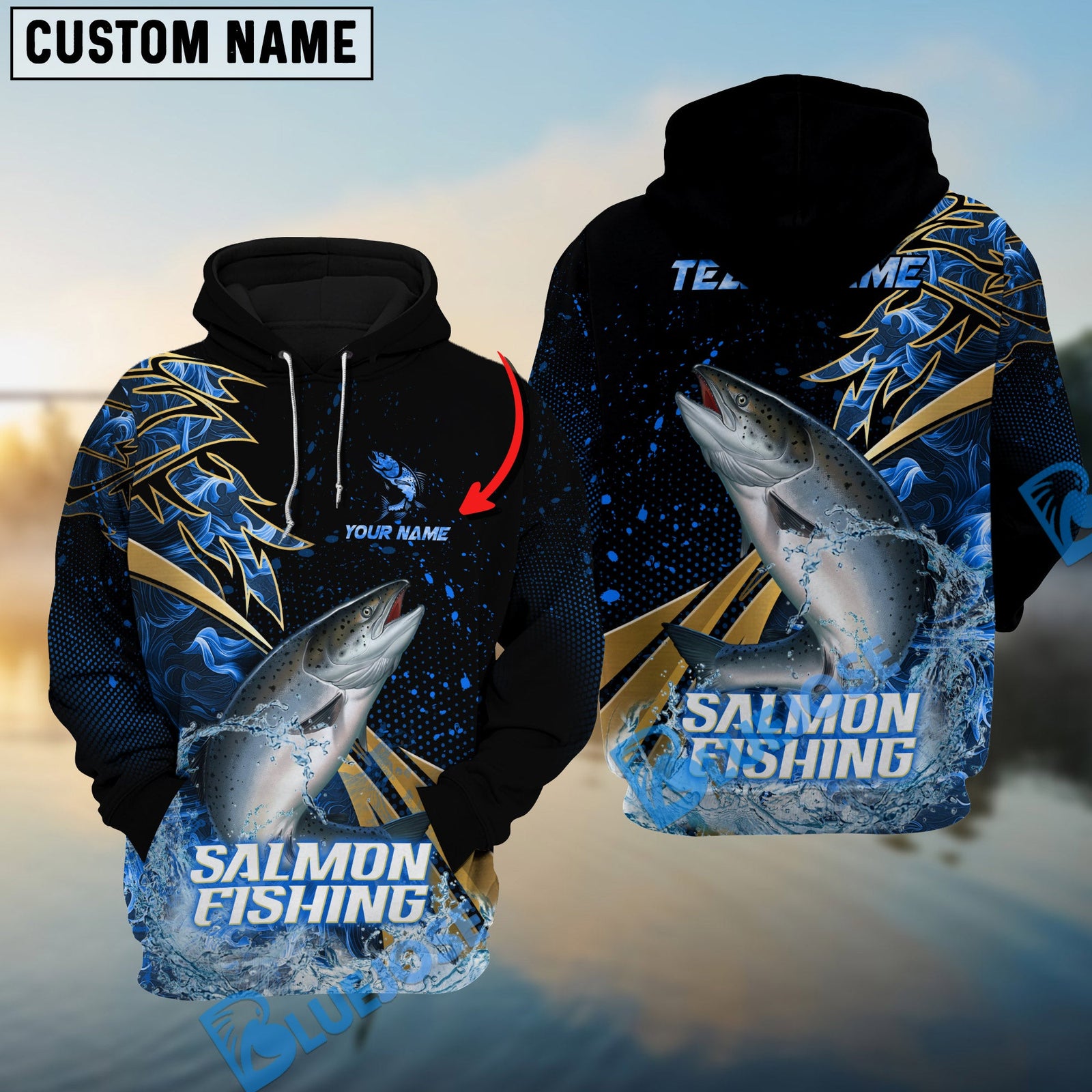 Bluejose Salmon Fishing Hooked Jump Splash Custom Name & Team Name 3D Shirts