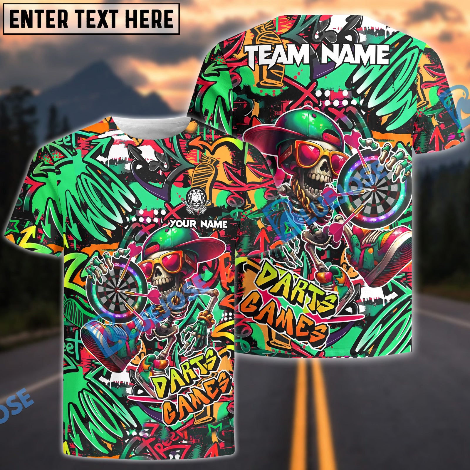 BlueJose Darts Funny Skull Colorful Graffiti Personalized Name, Team Name Shirt (4 Colors)