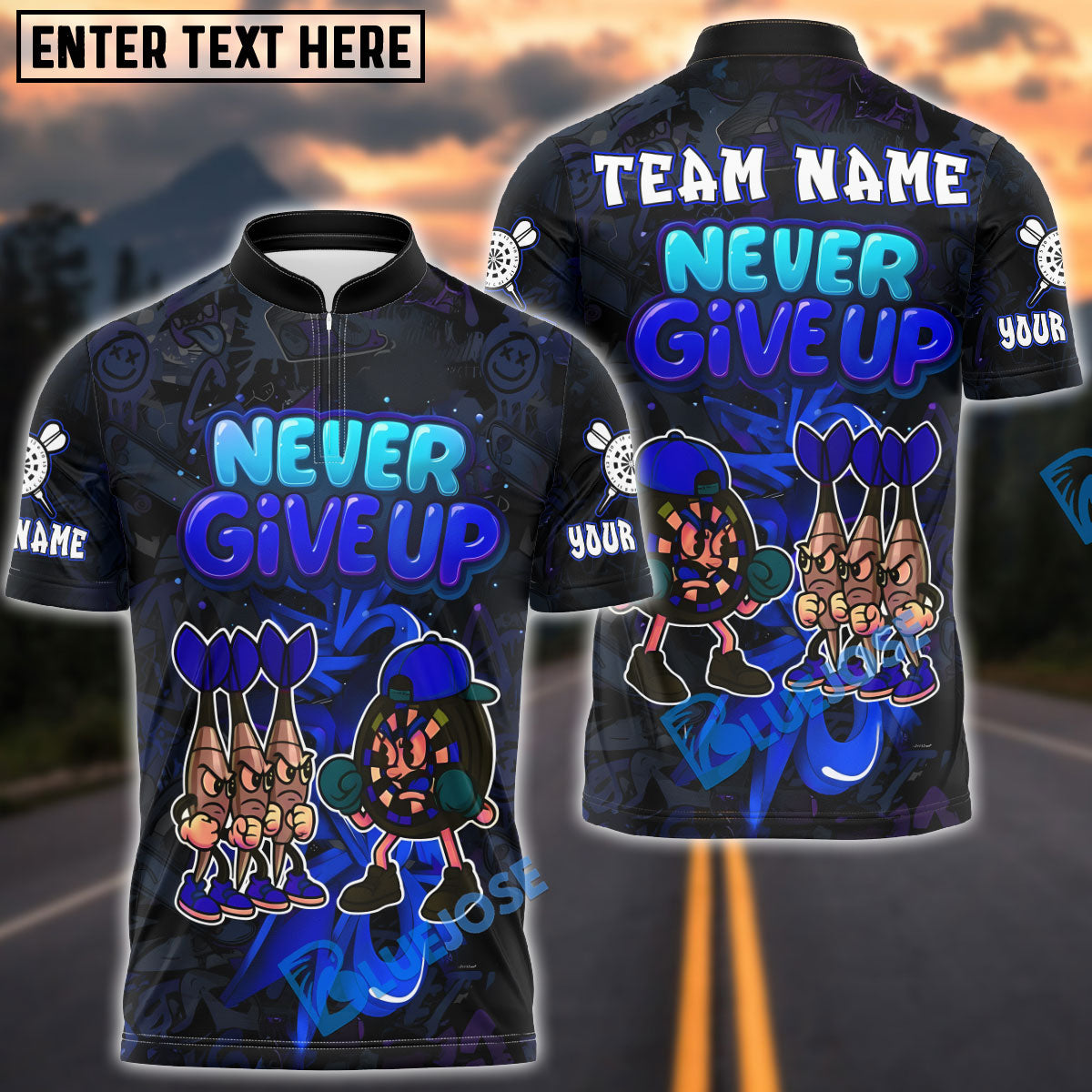 BlueJose Darts Never Give Up Graffiti Style Personalized Name, Team Name Unisex Shirt (4 Colors)