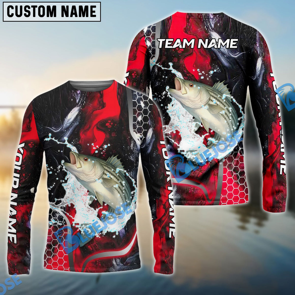 Bluejose Striped Bass Fishing Red Thunder Custom Name &amp; Team Name 3D Shirts
