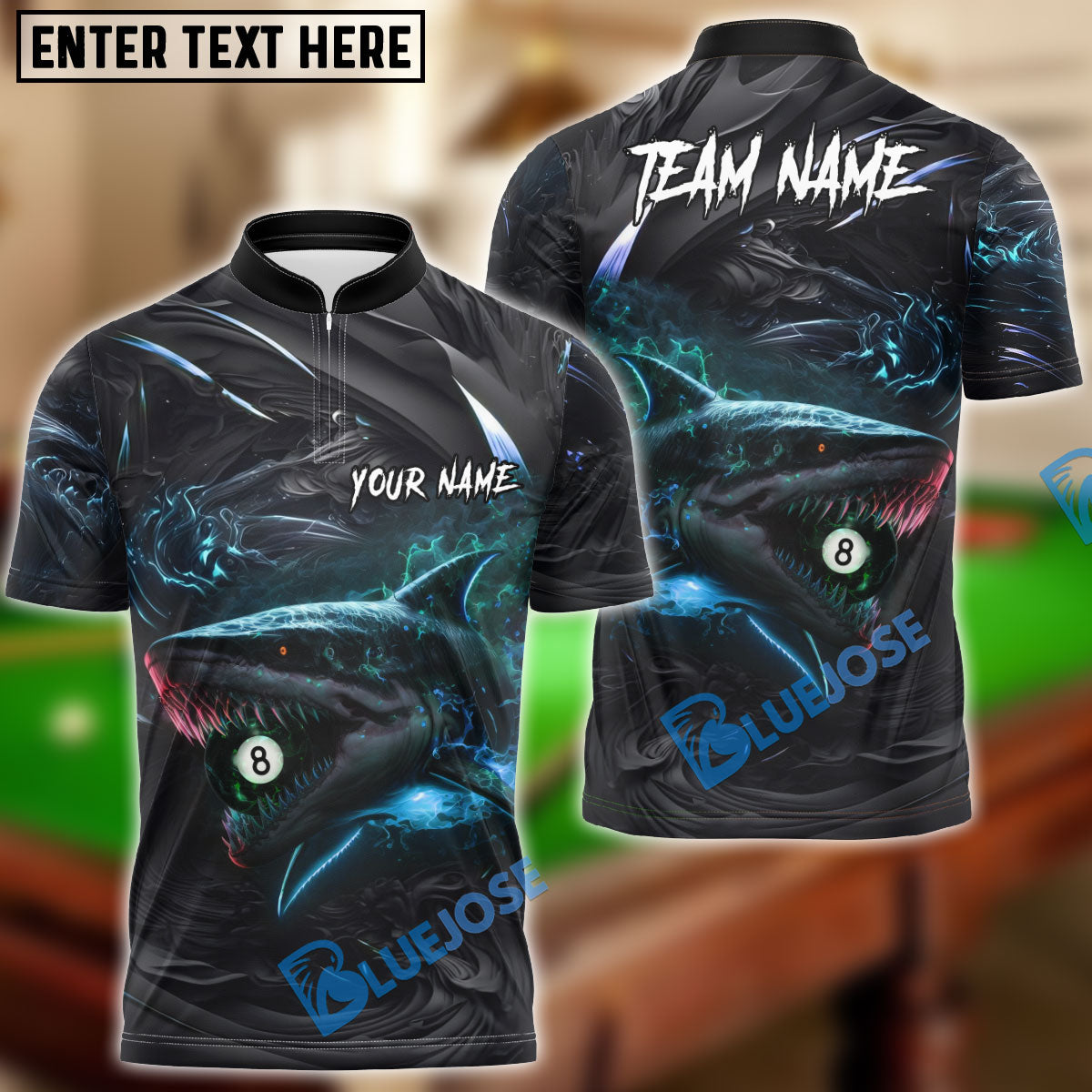 BlueJose Billiards 8 Ball Hell Flame Shark Personalized Name, Team Name Unisex Shirt (4 Colors)