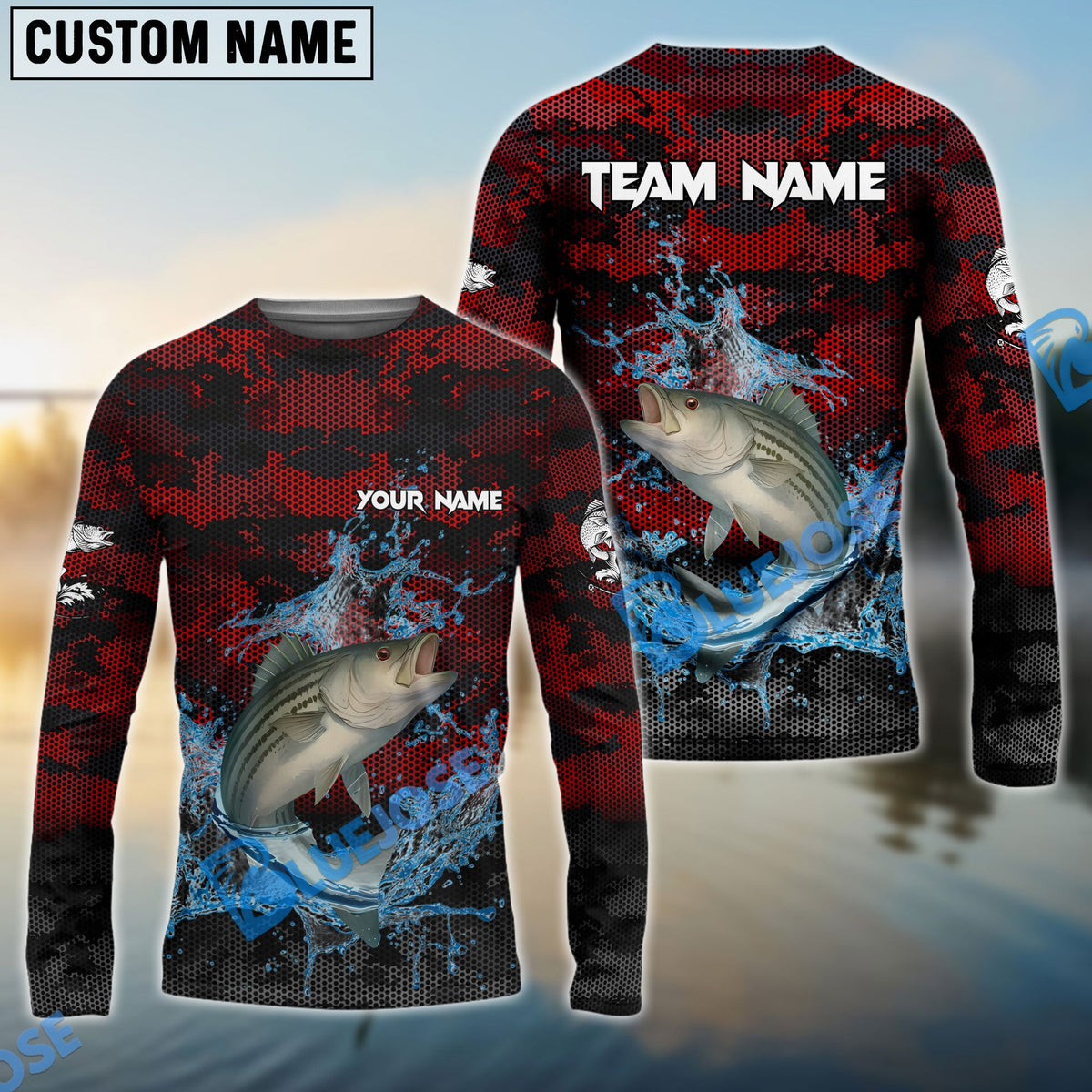 Bluejose Striped Bass Fishing Red Grunge Camo Design Name &amp; Team Name 3D Shirts