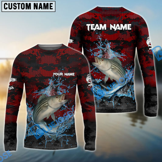 Bluejose Striped Bass Fishing Red Grunge Camo Design Name & Team Name 3D Shirts