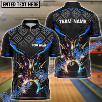 BlueJose Bowling And Pins Crown Bowling Logo Customized Name 3D Shirt (4 Colors)