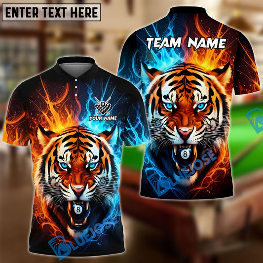 BlueJose Billiards Ball 8 Pool Tiger Fire Red & Blue Personalized Name, Team Name Unisex Shirt