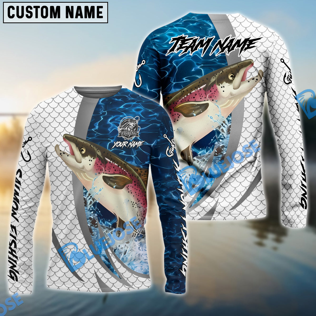 Bluejose Salmon Silver Scale Pattern Realistic Jumping Fish Water Splash Custom Name &amp; Team Name 3D Shirts