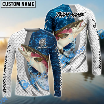 Bluejose Salmon Silver Scale Pattern Realistic Jumping Fish Water Splash Custom Name & Team Name 3D Shirts