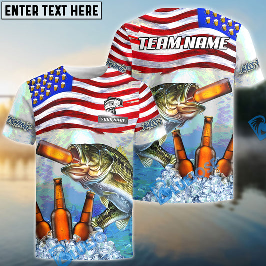 BlueJose Bass Fishing American Flag Beer Custom Name & Team Name 3D Shirts