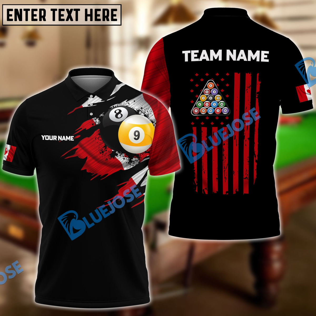 BlueJose Billiards 8 Ball &amp; 9 Ball Canada Flag Personalized Shirt