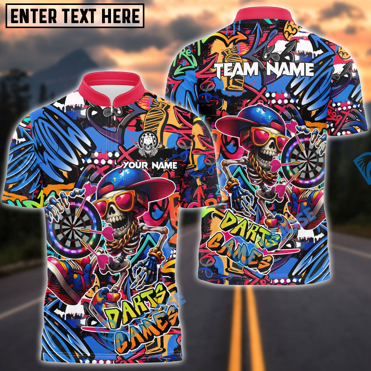 BlueJose Darts Funny Skull Colorful Graffiti Personalized Name, Team Name Shirt (4 Colors)