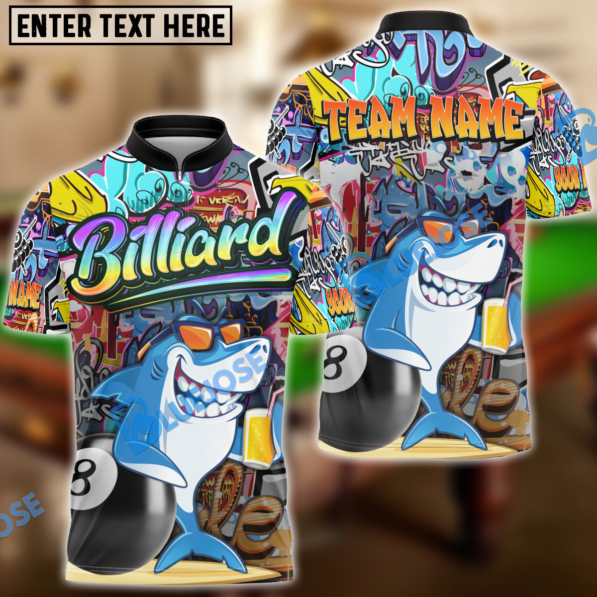 BlueJose Billiards 8 Graffiti-Style Shark Personalized Name, Team Name Shirt